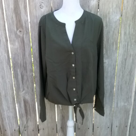 A New Day Womens Shirt Size XL Olive Green Long Sleeve Tie Front Button Down - Picture 1 of 7